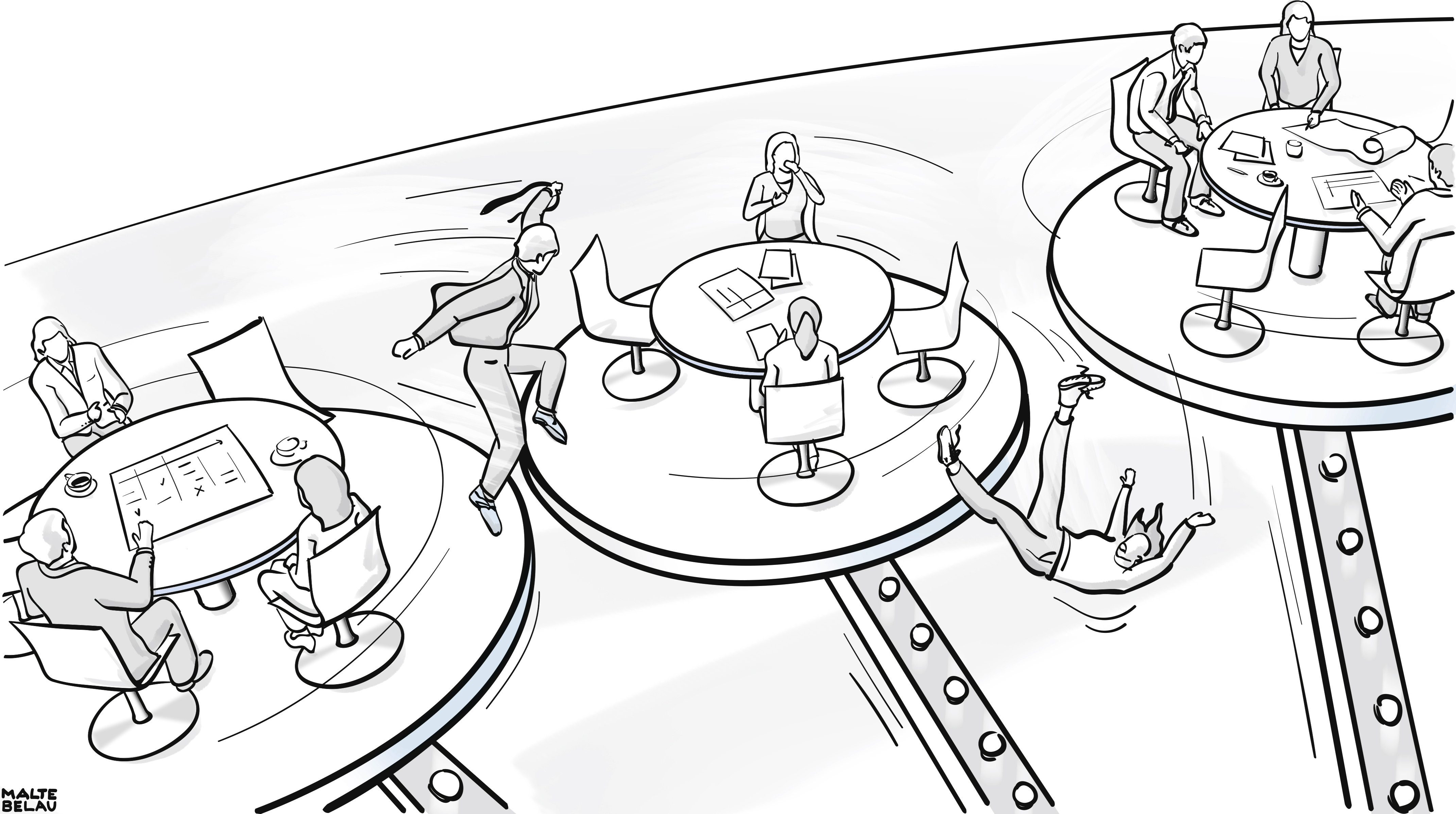 Illustration: Verschiedene Rollen im TGA-Planungsbüro — Zeichnung von Malte Belau
