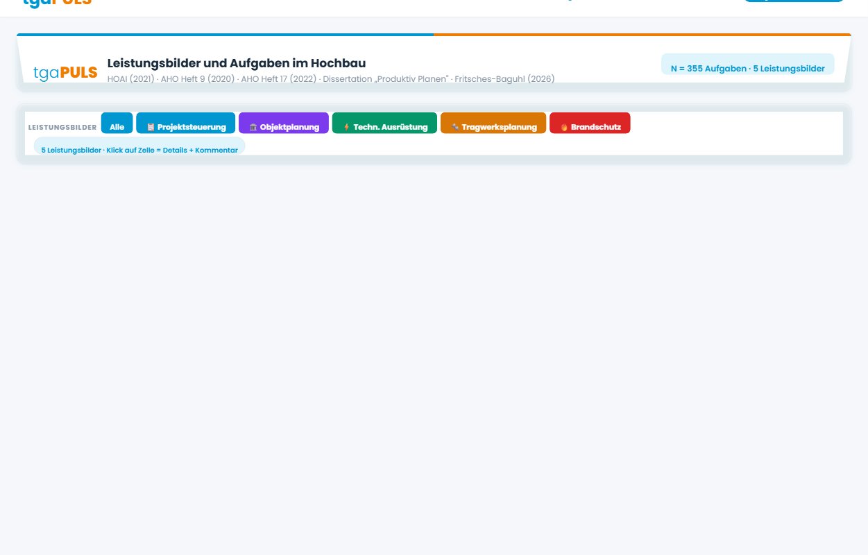 Screenshot des interaktiven Leistungsbilder-Vergleichstools mit 5 Leistungsbildern und 355 Grundleistungen nach HOAI 2021
